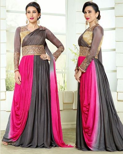 Pink and Grey Anarkali With Saree Style Drape