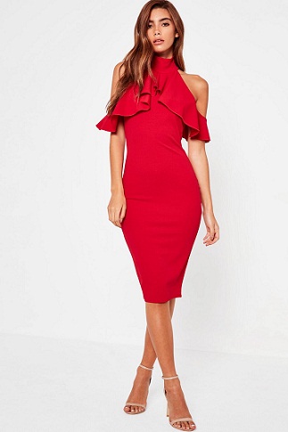 Red Frill Detailed Bandeau Dress