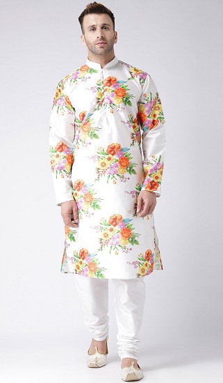 White Silk Printed Kurta Pajama