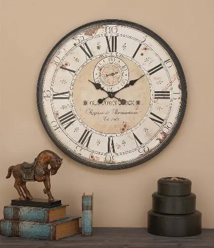 Color : Brown Wall Clock Quartz Clock Simple and Stylish American Retro Round Mute Living Room Quartz Clock FANJIANI 