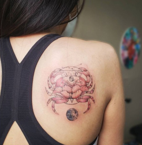 Attractive Pink Crab Tattoo On The Back