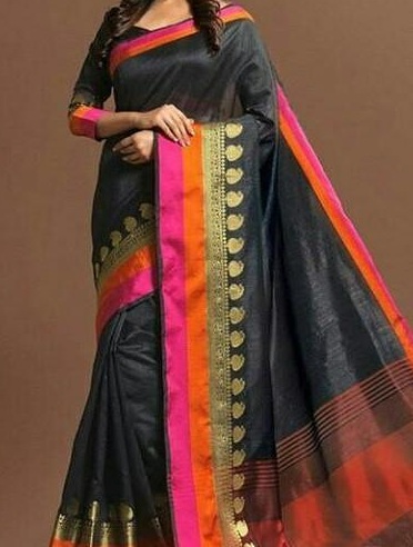 Black Maheshwari Silk Saree With Orange and Pink Border