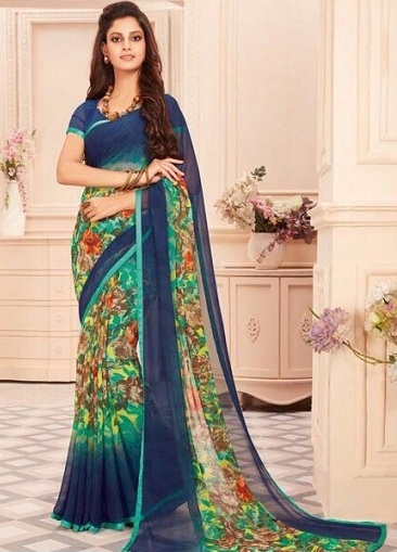 Blue and Green Floral Printed Radhika Saree