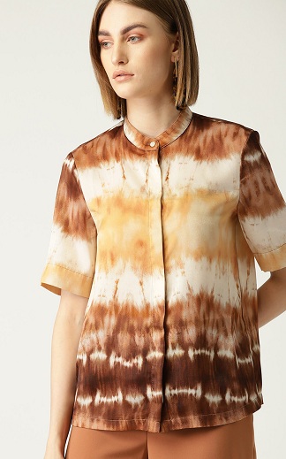 Brown Mandarin Collar Printed Shirts
