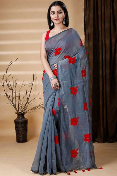 Grey Saree With Red Blouse