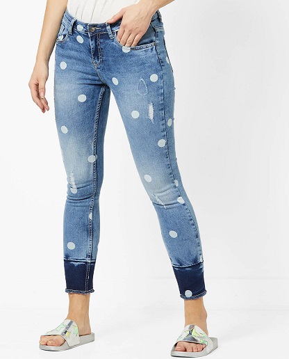 Heavy Washed Polka Dot Print Jeans