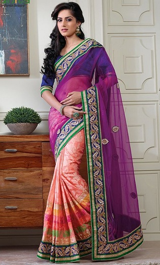 Pink And Peach Color Net Chanderi Saree With Patch Works