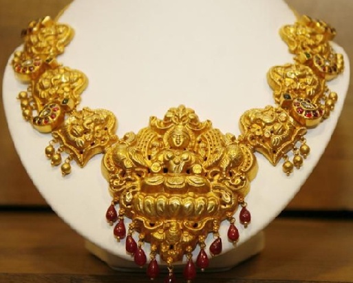 Golden Lakshmi and Ganapati Temple Necklace