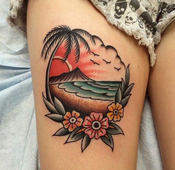 Tattoo uploaded by Kody Swencki • A little taste of Hawaii🍹🐠🐟🦈🌴#hawaii  #hula #hulagirl #sailorjerry #Kauai #shaka #aloha #lei #pinuptattoo •  Tattoodo