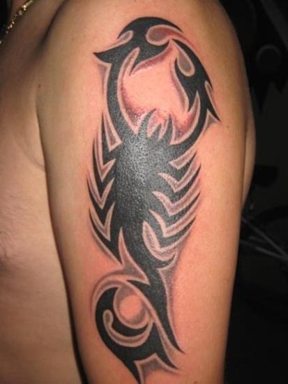 Black Tribal Scorpio Tattoo On Left Half Sleeve