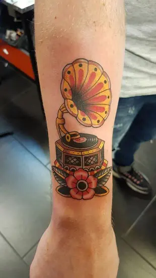 Traditional gramophone done by Palos at Transcendent Tattoo in St Louis  MO  rtattoos