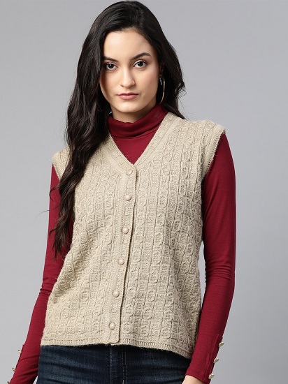 Beige Woolen Sleeveless Sweaters For Ladies