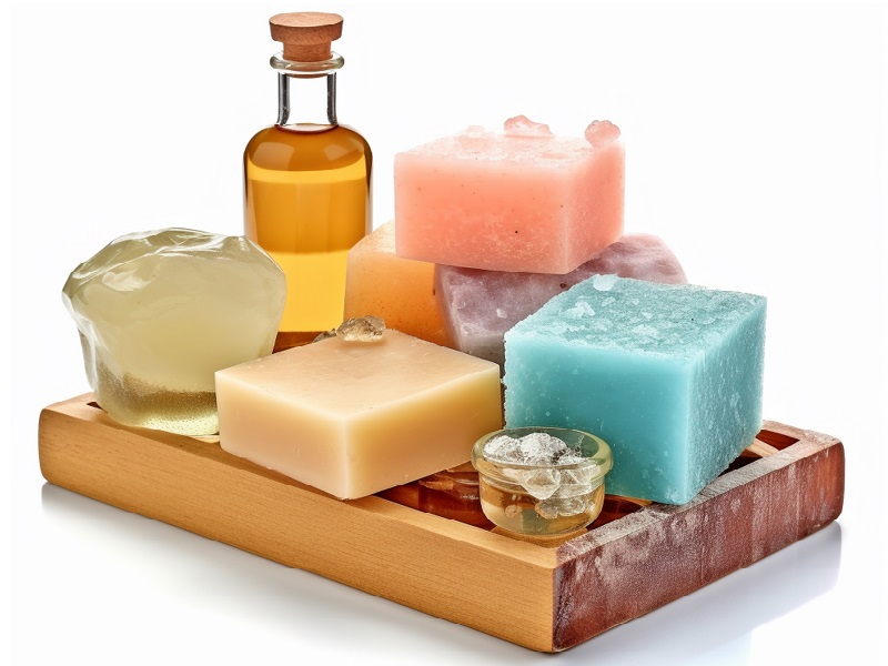 There Are Soaps And Soap Bars On A Tray With A Bottle Of Soap. G