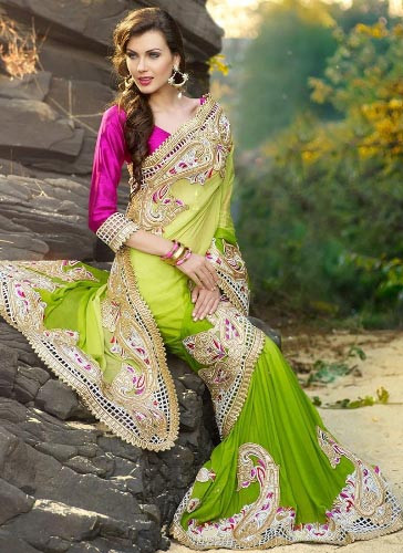 Lime Green Saree With Stone Work