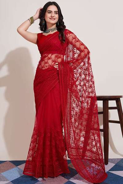 Net Material Red Fancy Saree