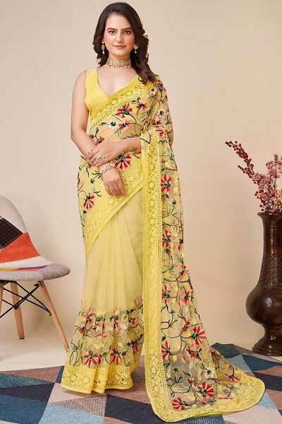 Yellow Fancy Embroidery Saree