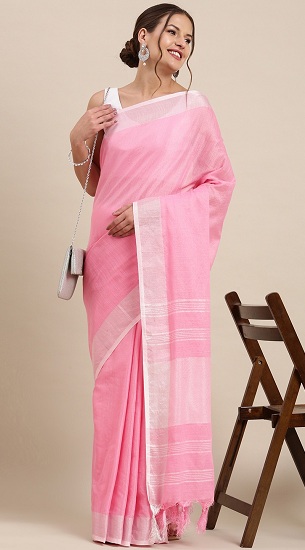 Plain Linen Pink Saree