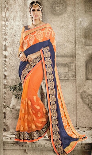 Orange saree with Blue Border