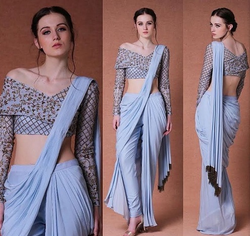 Mid night blue embroidered off shoulder blouse with saree set - Dheeru  Taneja