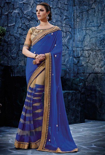 Blue And Beige South Indian Saree