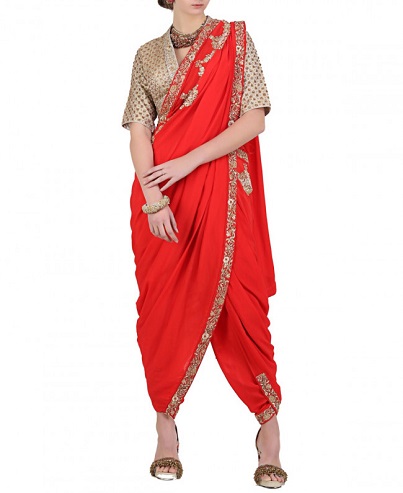 Red Crepe Embroidered Dhoti Saree