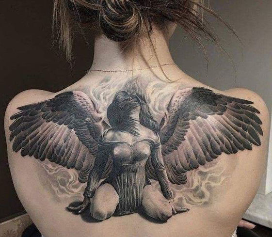 Back piece tattoo with an angel don by Jon Pall