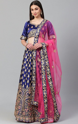 Pink And Blue Banglori silk Semi-Stich Lehenga Choli Dupatta