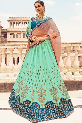 Yellow And Turquoise Blue Printed And Embroidered Heavy Silk Party Wear  Lehenga | Latest Kurti Designs