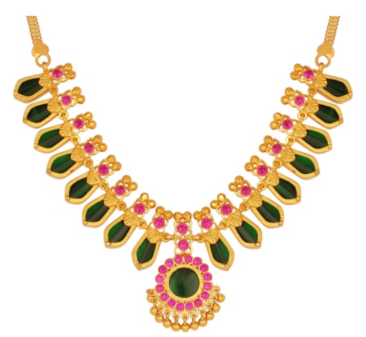 Pink And Green Palakka Gold Necklace