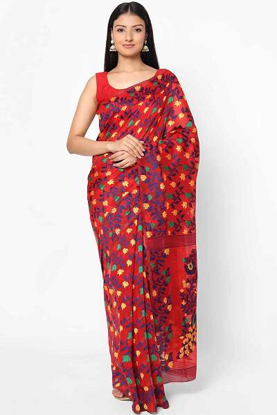 Artistic Red Printed Cotton Saree Design