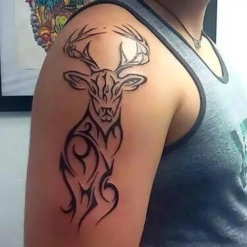 Grey Deer Head Chest Tattoo