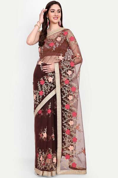 Brown Net Saree With Golden Lace