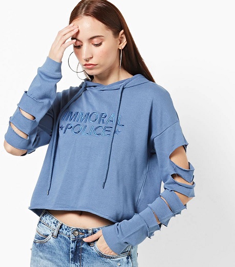 Cropped Hooded Sweatshirt With Cutout Sleeves