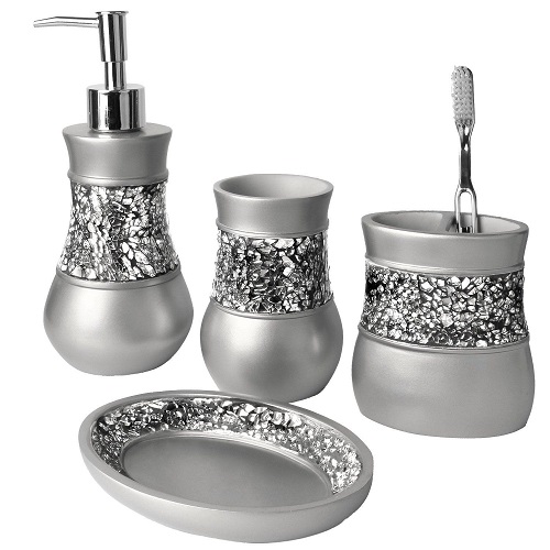 Solid Color 4 Piece Elegant Ceramic Bathroom Accessory Set Silver 