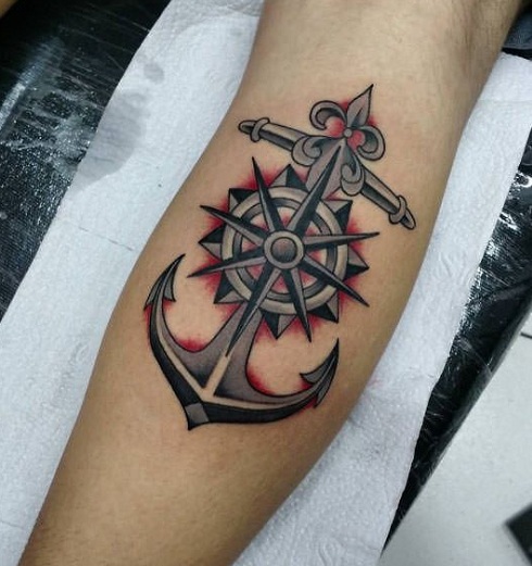 Bold Anchor And Compass Tattoo