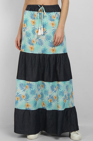 Long Denim Floral Skirt
