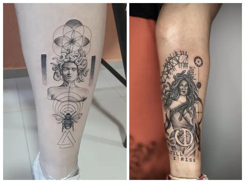 Black and grey Medusa tattoo on the left hand