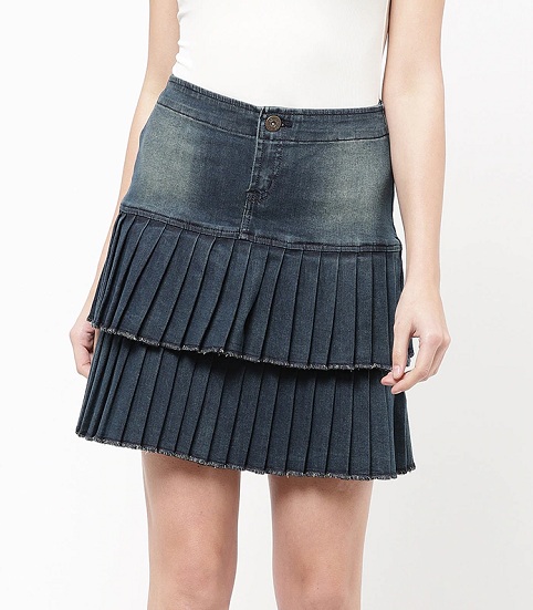 Pleated Denim Layered Skirt