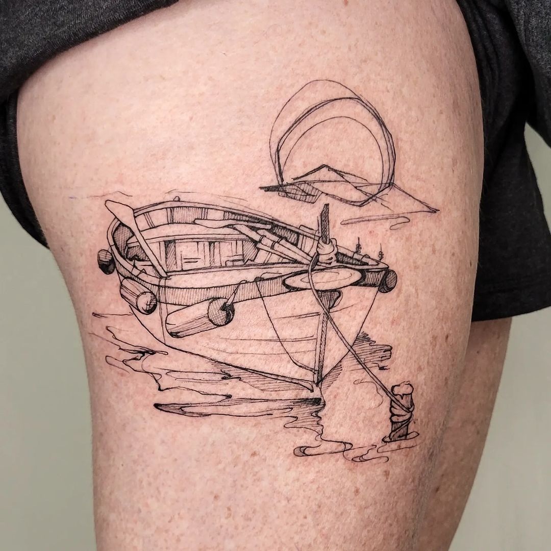 Ship Tattoo On Leg