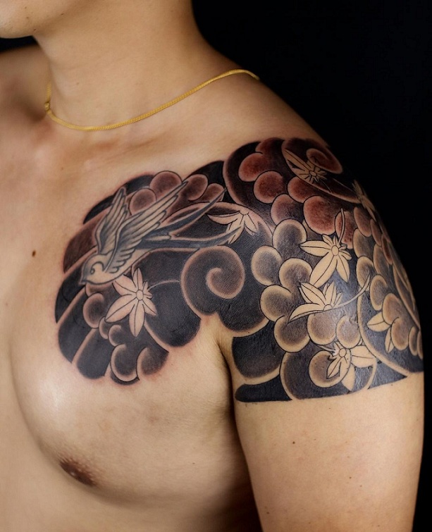 Japanese Flower Tattoo On The Shoulder