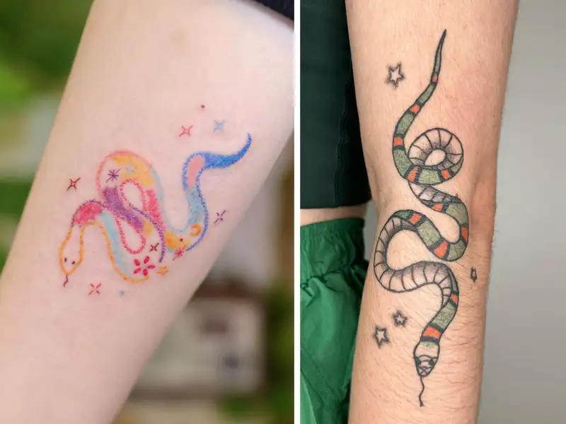 Picture of woman with tattoo  snake on her arm Photo of woman with tattoo   snake on her arm  CanStock