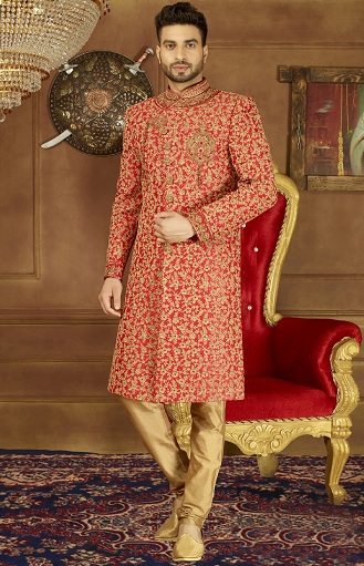 Sherwani In Red and Gold