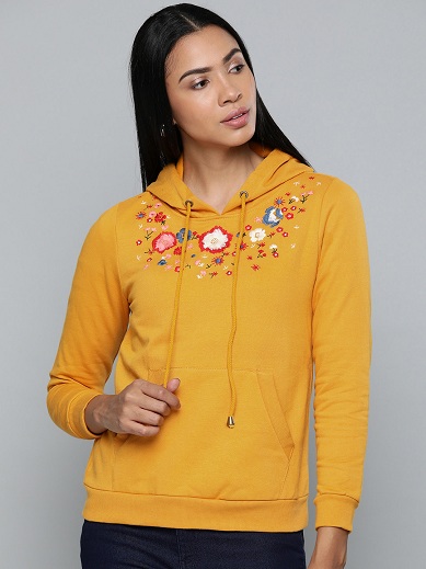 Embroided Yellow Hooded Sweatshirt