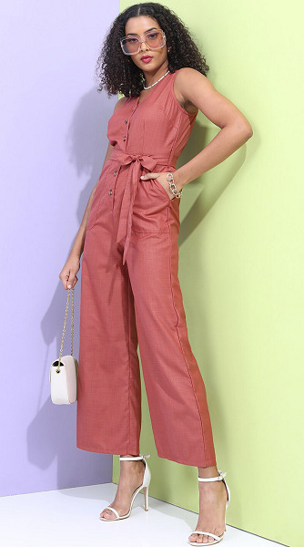 Girls Buttoned Red Jumpsuits