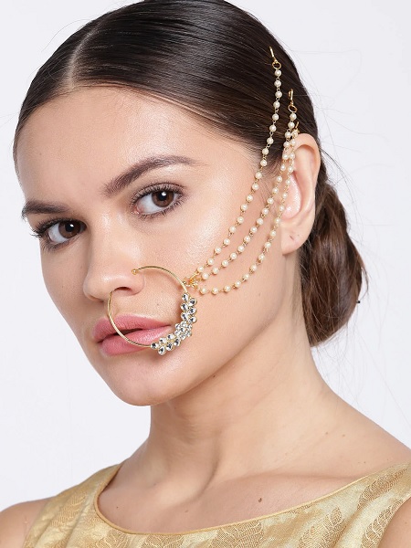 Kundan Studded Nose Ring With Chain