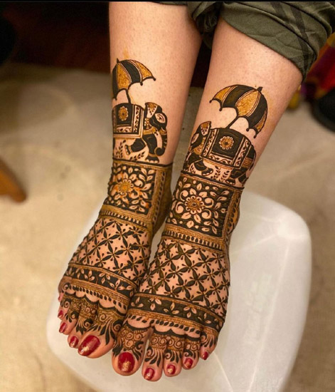 Leg Mehndi Bridal Design With Elephant Patterns