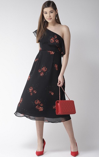 One Shoulder Chiffon Fit and Flare Dress