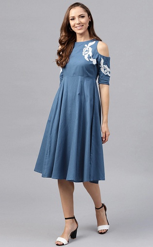 Cotton Empire Dress With Cold Shoulder Sleeves
