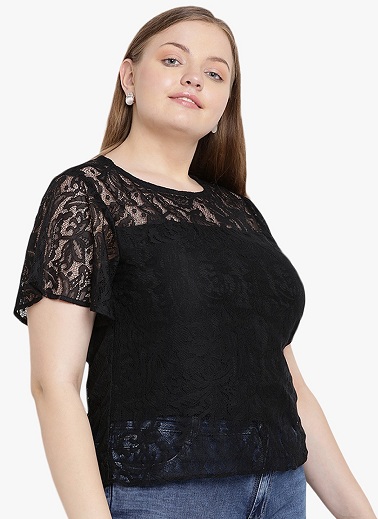 Only Lace Top black weave pattern casual look Fashion Tops Lace Tops 