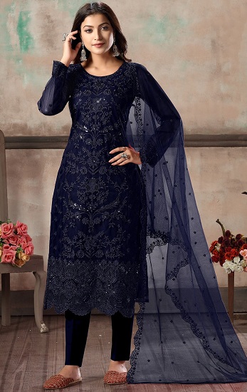 Blue Net Embroidered Salwar Suit